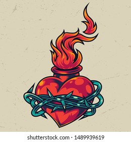 Vintage fiery heart colorful template with barbed wire around it isolated vector illustration