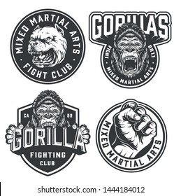 Vintage fight club monochrome labels with angry gorilla and pitbull heads and male fighter fist isolated vector illustration