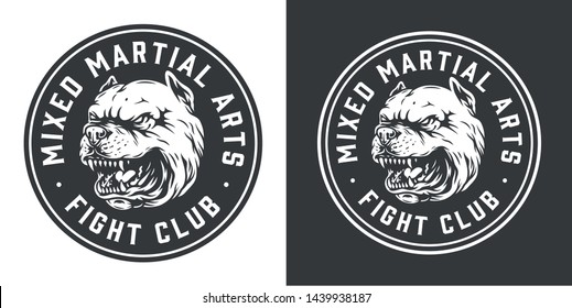 Vintage fight club monochrome round label with aggressive dog head isolated vector illustration