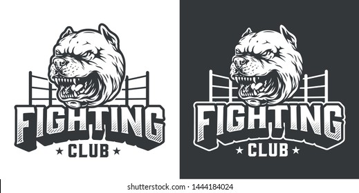 Vintage fight club print with angry dog head and boxing ring in monochrome style isolated vector illustration