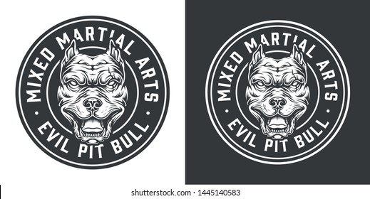 Vintage fight club round emblem with pitbull head in monochrome style isolated vector illustration