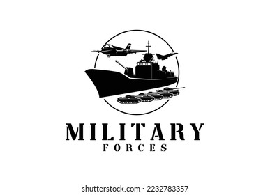 Vintage Fighter Jet Air force Navy Seal Ship and Tank for Military Army Soldier Logo Design