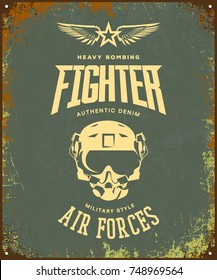 Vintage Fighter Pilot Helmet Vector Logo Isolated On Khaki Background. Premium Quality Air Force Logotype T-shirt Emblem Illustration Poster. Military Street Wear Superior Retro Tee Print Design.