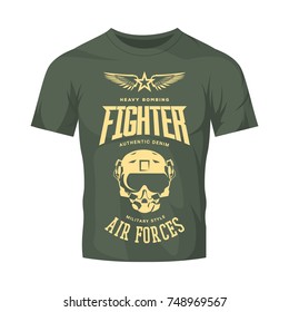Vintage fighter pilot helmet vector logo isolated on khaki t-shirt mock up. Premium quality air force logotype t-shirt emblem illustration poster. Military street wear superior retro tee print design.