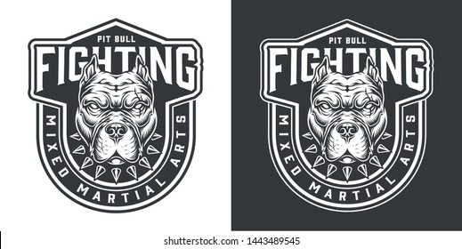 Vintage fighting monochrome badge with martial pitbull head in spiked collar isolated vector illustration