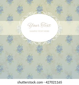 Vintage figure frame on forget-me-not flowers background. Old paper texture. Template for your design. Vector illustration EPS 10