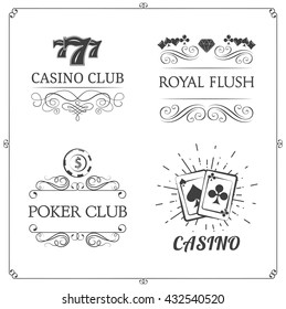 Vintage filigree poker label set. Casino club and poker. Playing card and poker chip. Royal flash, dollar, diamond ace. Filigree divider frame and border. Vintage calligraphic label and padge.