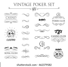 Vintage Filigree Poker Label Set. Casino Club And Poker. Playing Card And Poker Chip. Royal Flash, Dollar, Diamond Ace. Filigree Divider Frame And Border. Vintage Calligraphic Label And Padge.