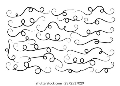 Vintage Filigree Swirls, calligraphy decorative scroll, Fancy Line Flourishes Swirls Elements, vintage curly thin line Text Ornaments, curls text divider flourish Swirl, calligraphic curl lines 