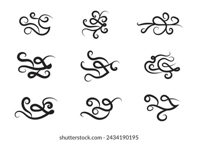 Vintage Filigree Swirls, calligraphy decorative scroll, Fancy Line Flourishes Swirls Elements, vintage curly thin line Text Ornaments, curls text divider flourish Swirl, calligraphic curl lines 