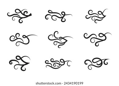 Vintage Filigree Swirls, calligraphy decorative scroll, Fancy Line Flourishes Swirls Elements, vintage curly thin line Text Ornaments, curls text divider flourish Swirl, calligraphic curl lines 
