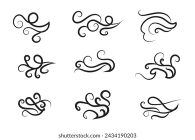 Vintage Filigree Swirls, calligraphy decorative scroll, Fancy Line Flourishes Swirls Elements, vintage curly thin line Text Ornaments, curls text divider flourish Swirl, calligraphic curl lines 