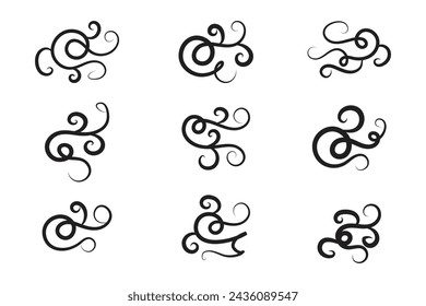 Vintage Filigree Swirls, calligraphy decorative scroll, Fancy Line Flourishes Swirls Elements, vintage curly thin line Text Ornaments, curls text divider flourish Swirl, calligraphic curl lines 