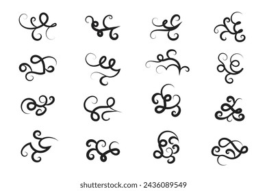 Vintage Filigree Swirls, calligraphy decorative scroll, Fancy Line Flourishes Swirls Elements, vintage curly thin line Text Ornaments, curls text divider flourish Swirl, calligraphic curl lines 