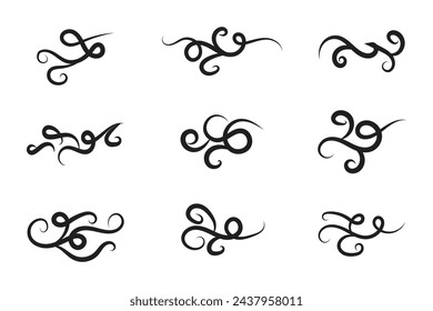 Vintage Filigree Swirls, calligraphy decorative scroll, Fancy Line Flourishes Swirls Elements, vintage curly thin line Text Ornaments, curls text divider flourish Swirl, calligraphic curl lines 