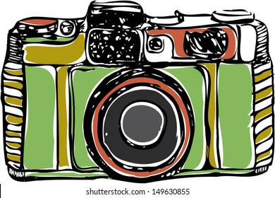 Vintage film camera, black outline, on a white background, vector
