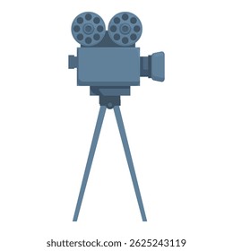 Vintage film camera illustration on tripod in blue, vector graphic design, perfect for filmmaking, cinematography, and media technology projects. Classic equipment with nostalgic retro style