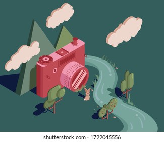 Vintage film camera placed among the nature scenery, river, fruit trees, mountains and clouds, small rabbit in the grass 