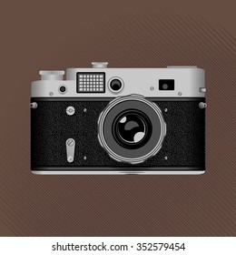 Vintage film camera. Retro photo on the brown background. Stock vector.