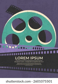 Vintage film festival poster with film reel and crossed film strips. Movie poster in retro style. Vector illustration