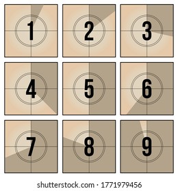 Vintage film frame countdown set. Retro video number sequence and counter frames vector illustration collection. Cinematography and television concept