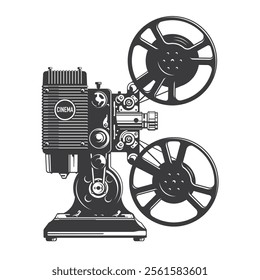 Vintage film projector camera isolated on the white background, side view. Black and white hand drawn vector illustration.