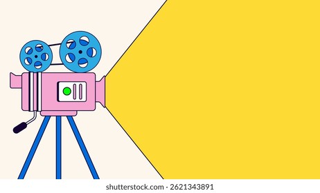 Vintage film projector casting a bright yellow beam of light Cartoon background illustration for background, evoking a retro cinematic vibe