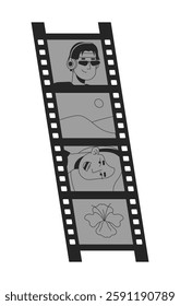 Vintage film strip cinematic black and white 2D line object. Man headphones, landscape, flower, smiling woman. Movie reel isolated clip art vector outline item. Monochromatic spot illustration