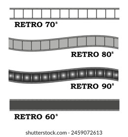 Vintage film strip set. Cinema Vector 60s. Retro 70s movie. Monochrome 80s reel.