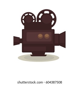 Vintage filming camera isolated on white background. Eternal symbol of cinematograph vector illustration. Old equipment for movie creation. Outmoded device that associates with cinema industry.