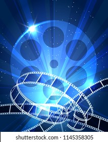 Vintage filmstrip poster. Movie festival blue background with film strip roll vector illustration
