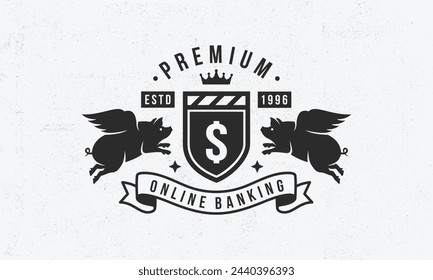 Vintage Finance logo template. Banking, Investment logo with flying pigs and grain texture. Logo, Poster for Stock Exchange, Trading, Crypto, Bank business. Vector illustration