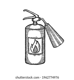 Vintage fire extinguisher sketch engraving style vector illustration. Old hand drawn imitation. Vintage object illustration. Protection object for firefighter. Engraved Etching Logo Concept