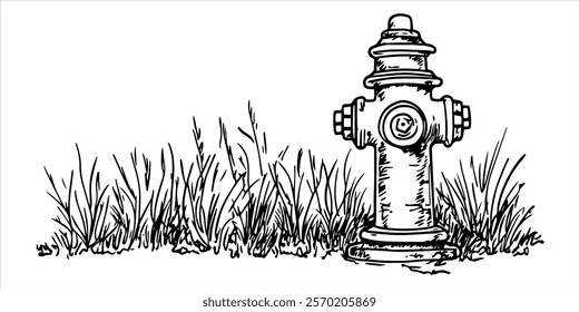 vintage fire hydrant surrounded by grass hand-drawn illustration