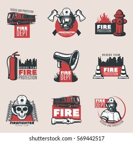 Vintage fire protection logos set of firefighting tools equipment and elements isolated vector illustration