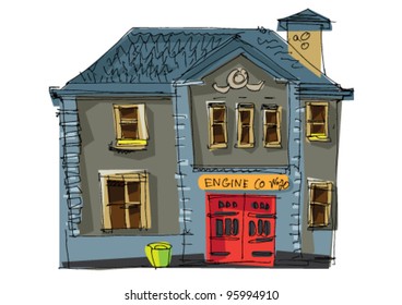 vintage fire station - cartoon