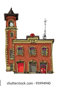 Vintage Fire Station Cartoon: เวกเตอร์สต็อก (ปลอดค่าลิขสิทธิ์) 95994940
