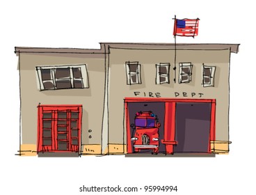 vintage fire station - cartoon