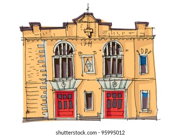 vintage fire station - cartoon