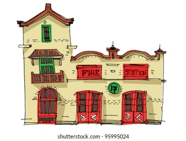 vintage fire station - cartoon