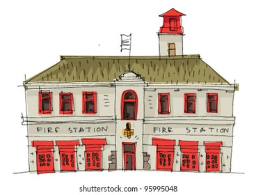 Vintage Fire Station - Cartoon