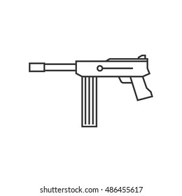 Vintage firearm icon in thin outline style. Army automatic hand gun.