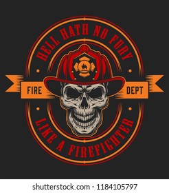 Vintage firefighter colorful label template with fireman skull in helmet and crossed axes isolated vector illustration