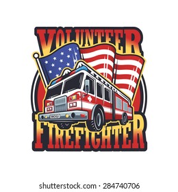 Vintage firefighter emblem with firefighter truck and american flag on light background