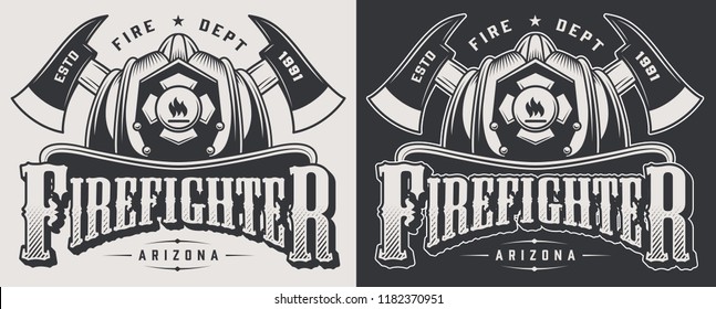 Vintage firefighter emblems with crossed axes and bearded skull wearing fireman helmet isolated vector illustration