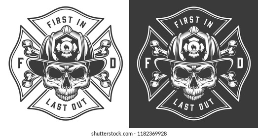 Vintage firefighter labels concept with letterings crossed axes fireman skull in helmet isolated vector illustration