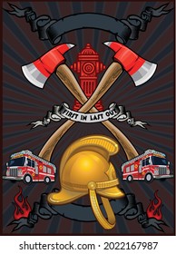 Vintage firefighter labels with crossed axes fireman helmet. 