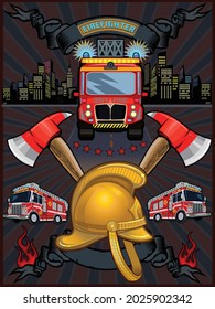Vintage firefighter labels with crossed axes fireman and helmet