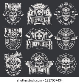 Vintage firefighter logos collection with skulls in fireman helmet crossed axes bones letterings in monochrome style isolated vector illustration