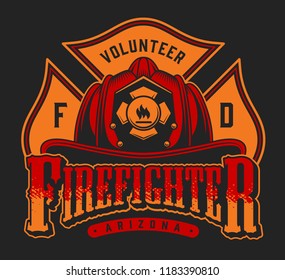 Vintage firefighting colorful emblem with inscriptions crossed axes and firefighter helmet on black background isolated vector illustration